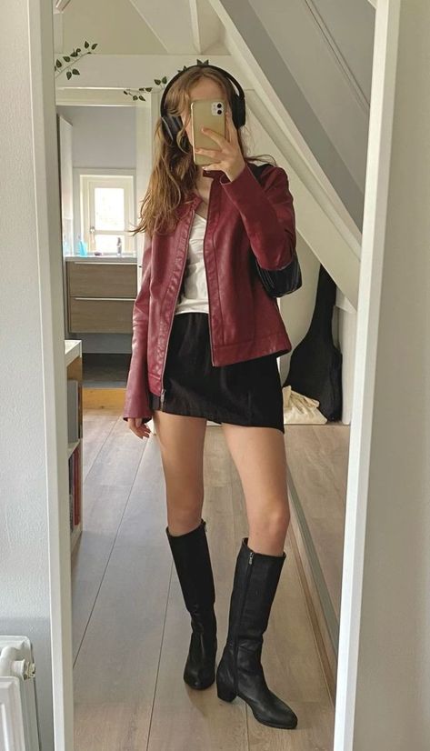 Leather Girl Jacket Outfit, Black And White Leather Jacket Outfit, Mini Skirt And Leather Jacket Outfit, Cherry Red Autumn Outfits, Leather Red Skirt Outfit, Red Tank Top Outfit Winter, Black And Dark Red Outfit, White Skirt Leather Jacket, Cherry Red Jacket Outfit