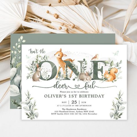 Sage Green Woodland One-deerful 1st Birthday Boy Invitation Woodland Invitation Birthday, Eucalyptus Watercolor, 1st Birthday Boy, Butterfly Invitations, 1st Birthday Party Invitations, Woodland Birthday, Adult Birthday Invitations, Animal Birthday Party, Boy Birthday Invitations