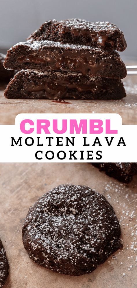 These molten lava cookies are the ultimate guilty pleasure with a rich and thick chocolatey cookie filled with a smooth bittersweet chocolate sauce. It will surely be a party in your mouth! Molten Lava Chocolate Chip Cookies, Crumbl Molten Lava Cookies, Cookies Like Crumbl, Complicated Cookie Recipes, Lava Cookies Molten, Lava Cake Cookie Recipe, Rare Cookie Recipes, Chocolate Lava Cake Cookies, Decadent Chocolate Cookies