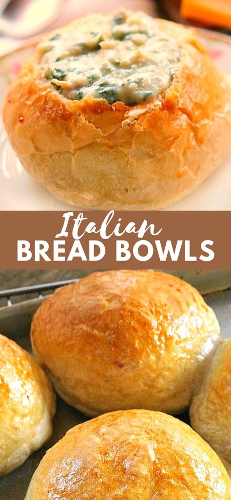 Bread Machine Bread Bowls For Soup, Soup Bowl Bread Recipe, Bread Bowl Dinner Ideas, Bread Pasta Bowls, Bread Bowl For Soup, Dips In Bread Bowls, Italian Bread Bowl Recipe, Biscuits For Soup, Bread Bowl Pasta