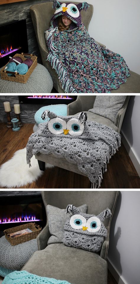 Turn into a bird with this charming DIY knitted owl blanket. Owl Blanket, Knitted Owl, Diy Sy, Crochet Owls, شال كروشيه, Confection Au Crochet, Crochet Owl, Crochet Stitch, Diy Knitting