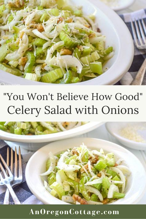 You won't believe how good this simple celery salad recipe is - yes, celery! With just a handful of healthy ingredients including onions, parmesan, and heart healthy walnuts all tossed with a quick vinegar based dressing, this is a wonderful salad that keeps well. It's as good for summer picnics as it is for winter dinners. Mediterranean Salads, Winter Dinners, Celery Recipes, Celery Salad, Summer Picnics, Best Salad Recipes, Healthy Ingredients, Salad Side Dishes, 140 Pounds