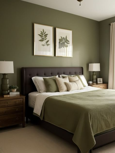 Warm Room Aesthetic, Green Room Ideas Bedroom, Olive Bedroom, Olive Green Bedrooms, Green Accent Wall, Green Bedroom Walls, Green Bedroom Decor, Olive Green Walls, Green Accent Walls