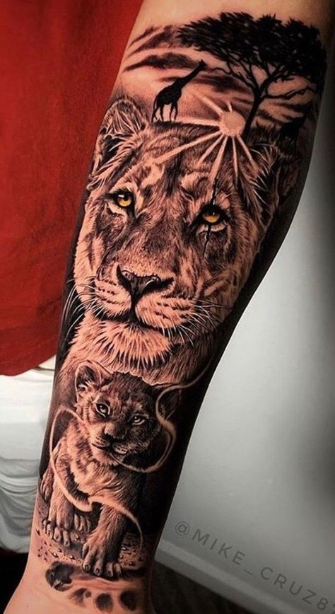 Tatoos Men Leg Ideas, Lioness And Cub Tattoo, Lion Cub Tattoo, Tattoo Frau, Female Lion Tattoo, Lion Shoulder Tattoo, Lion Forearm Tattoos, Tiger Tattoo Sleeve, Animal Sleeve