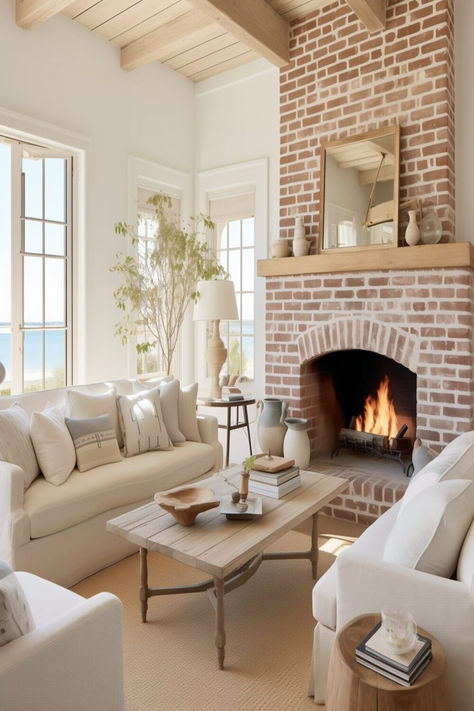 Inviting beach cottage living room with a classic red brick fireplace, cozy white furnishings, and ocean views through the window. Brick Fireplace In Vaulted Living Room, Back Wall Living Room Ideas, French Cottage Fireplace, Coastal Fireplace Ideas, Modern Cottage Living Room, Cosy Living Room Ideas, Living Room Cottage, Brick Fireplace Decor, White Wash Brick Fireplace