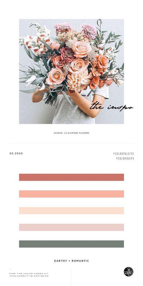 Peach Color Palettes, Romantic Colors Palette, Peach Bouquet, Creative Brands, Modern Brands, Romantic Colors, Color Palette Design, Color Inspo, Floral Color