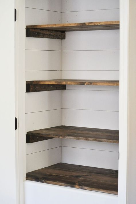 Farmhouse Pantry Makeover via Little Glass Jar Pantry Closet Design, Farmhouse Pantry, Pantry Remodel, Style Pantry, Pantry Makeover, Pantry Shelving, Diy Shiplap, Pantry Closet, Diy Pantry