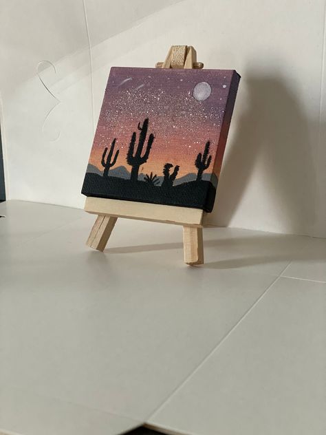 Mini canvas with easel  My own Desert Dusk Cactus original design  Can be customised to order please just ask Mini Canvas Art Abstract, Mini Canvas Halloween Art, Painted Mini Canvas, Mini Canvas Paintings Christmas, Small Canvas Art Easy Acrylic Paintings, Canvas Cactus Painting, Painting Ideas Small Canvas, Small Canvas Ideas, Mini Canvas Drawing