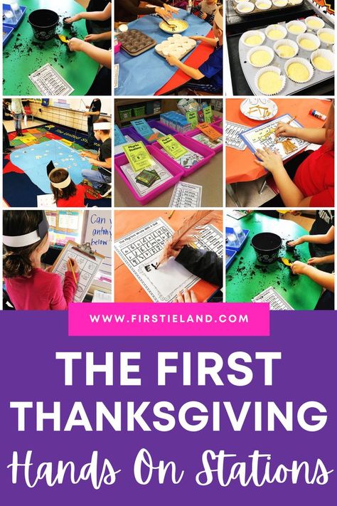 Are you searching for a way to teach The First Thanksgiving activities? Elementary kids will love learning about the pilgrim's first thanksgiving with these hands-on stations. Students will learn about life long ago as they do the chores of pilgrim children. Includes reading activities, math games, crafts, and Thanksgiving writing prompts. Lesson plans are included for the perfect Thanksgiving unit for kindergarten or first grade! Click through to see this in action in a 1st grade classroom. Thanksgiving Lesson Plans For Kindergarten, Pilgrim Homeschool Activities, Hands On Thanksgiving Activities, Thanksgiving Lesson Plans For 1st Grade, Thanksgiving Second Grade Activities, Thanksgiving Hands On Activities, November Lesson Plans For Kindergarten, Thanksgiving Lessons For Kindergarten, Pilgrim Activities For Kindergarten