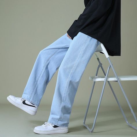 DETAILSMaterial: DenimClosure Type: Zipper FlyMid waistSoftener fabric Blue Baggy Jeans, Pants Korean Style, Jaket Denim, Pants Korean, Elastic Waist Jeans, All Jeans, Outfit Jeans, Men's Korean Style, Mode Masculine