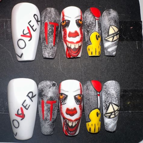 It inspired press on nails! Custom made to order. It The Clown Nails, Phoenix Suns Nails, It Nail Designs, It Themed Nails, Pinhead Nails, Pennywise Nails Designs, It Clown Nails, Penny Wise Nails, Pennywise Nail Art