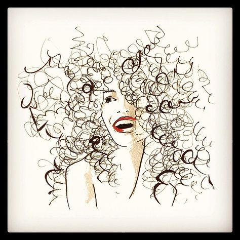 Curly Hair Art Paintings, Curly Hair Painting Canvas, Curly Hair Tattoo Design, Curly Hair Line Art, Curly Hair Tattoo, How To Draw Curls, Curly Art, Curly Hair Art, Hair Tattoo Designs