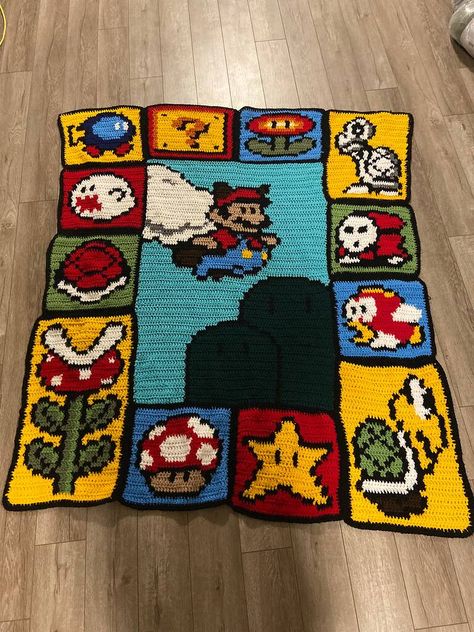 8 Bit Crochet Pattern, Mario Tapestry Crochet, Mario Granny Square Blanket, Mario Granny Square, Crochet Blanket Patterns Unique, Crochet Grid Patterns Free, Mario 8 Bit, 8 Bit Crochet, Super Mario Crochet