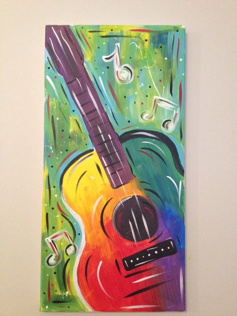 Guitar- Jessica Byrd Colorful Guitar Painting, Acrylic Guitar Painting, How To Paint A Guitar, Music Painting Ideas On Canvas, Music Painting Ideas Easy, Guitar Painting Ideas, Abstract Guitar Painting, Music Painting Ideas, Music Canvas Painting