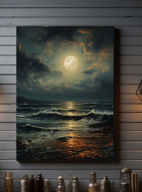 Envelop your space with the soothing ambiance of the 'Moody Moon Over a Calm Ocean Canvas Wall Art.' With its captivating imagery and tranquility, this piece brings the beauty of the night sky and the serenity of the ocean into your home.  #MoodyMoonArt #OceanCanvas #TranquilDecor Return Policy Instructions Eligibility: Returns and exchanges are only accepted if the product received is damaged. Documentation: Please provide clear photos of the damaged product to support your return request. Time Art Ocean Painting, Night Sky Moon Painting, The Idea Of ​​painting On Canvas, Painting Ideas For Home Walls, Night Time Paintings, Night Ocean Painting, Wall Art Bedroom Paint Aesthetic, Painting Ideas Ocean, Beach Paintings On Canvas