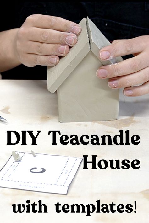 Hand Built Pottery Templates, Tealight House, Pottery Templates, Pottery Tutorials, House Pottery, Holiday Pottery, House Candle Holder, Ceramics Pottery Mugs, House Tutorial