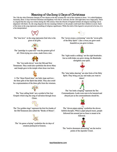 Meaning of Song 12 Days of Christmas 12 Days Of Christmas Lyrics, 12 Days Of Christmas Party, Kids Church Christmas, Christmas Songs Lyrics, 12 Days Of Xmas, Christmas Lyrics, Christmas Lesson, Christmas Worksheets, Christmas Program