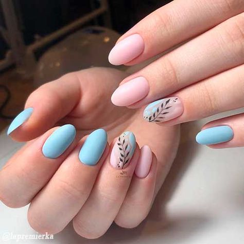 Nail Art Rosa, Pink Blue Nails, Blue Wedding Nails, Gender Reveal Nails, Pastel Blue Nails, Leaf Nail Art, Blue Matte Nails, Pink Tip Nails, Nail Art Designs For Beginners