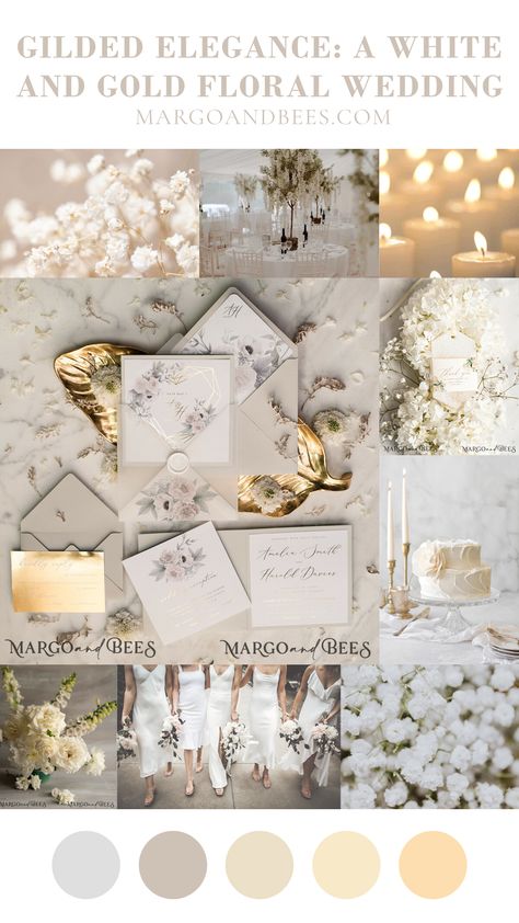 9 Essentials for White and Gold Floral Wedding Color Scheme – blog MargoAndBees All White Wedding Theme Color Palettes, White And Gold Wedding Palette, Wedding Color Schemes White, Vintage Wedding Color Palette, White Wedding Color Schemes, Elegant Wedding Color Schemes, White Gold Color Palette, White And Gold Color Palette, Wedding Color Schemes Gold