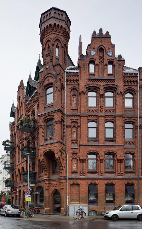 Brick Gothic Revival apartment building in Hannover Germany [building] Brick Gothic, Gothic Revival Architecture, Hannover Germany, Brick Detail, Gothic Buildings, House Design Exterior, Victorian Buildings, Gothic Revival, Victorian Architecture