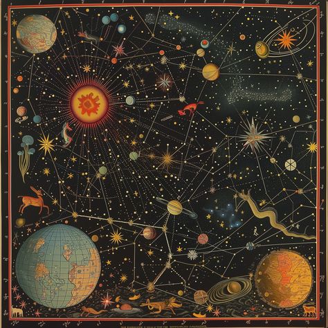 Vintage Celestial Aesthetic, Space Asthetic Picture, Vintage Celestial Decor, Celestial Art Aesthetic, Vintage Posters Art Illustrations, Cosmic Posters, Astrology Art Vintage, 90s Celestial Aesthetic, Astrology Art Illustration