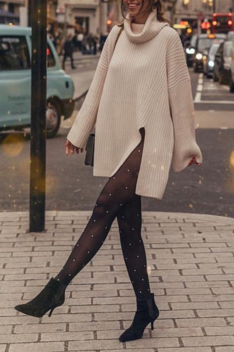 Sweater Dress With Stockings Outfit, Black Tights Sweater Dress, Stocking Winter Outfits, Pearl Tights Outfit, Sparkly Stockings Outfit, Textured Tights Outfit, Black Tights Office Outfit, Dress And Stockings Outfit Winter, White Sweater Dress With Tights