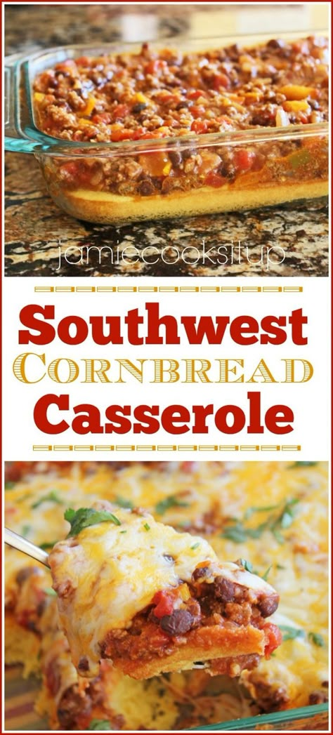 Southwest Cornbread Casserole from Jamie Cooks It Up!  I am thinking this would work with leftover chili. Southwest Cornbread, Mexican Cornbread Casserole Recipe, Mexican Cornbread Casserole, Easy Suppers, Cornbread Casserole Recipe, Buttermilk Cornbread, Mexican Cornbread, Cornbread Casserole, Salsa Picante