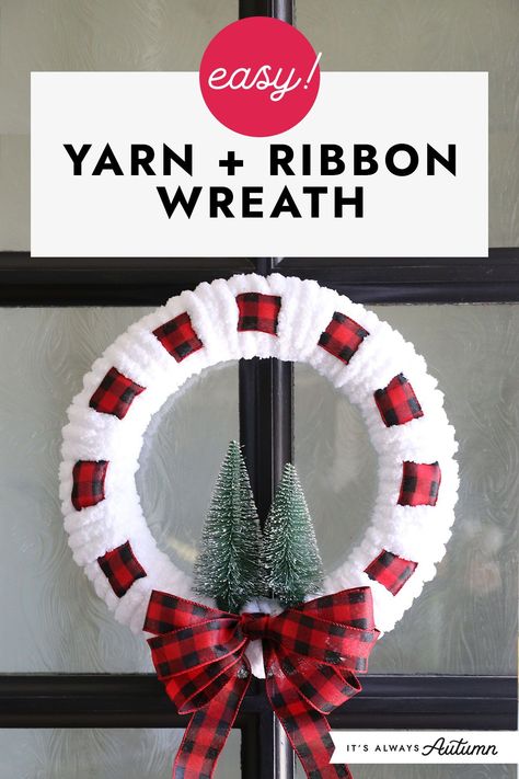 Easy Christmas craft idea! This DIY yarn and ribbon wreath will only take about an hour to make and looks great on your front door. Yarn And Ribbon Wreath, Christmas Yarn Wreaths, Round Wreaths, Ribbon Wreath Christmas, Diy Christmas Wreath, Wreath Ribbon, Holiday Wreaths Diy, Christmas Yarn, Easy Christmas Wreaths