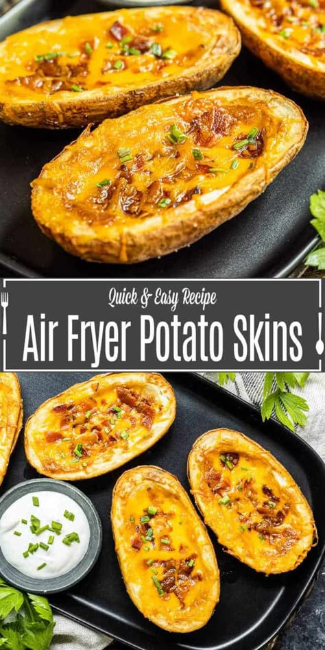 Air fryer potato skins are perfectly crispy skins loaded with cheddar cheese and bacon. They are the perfect game day party appetizer! If you're looking for an easy air fryer recipe this appetizer recipe is for you. Fill these potato skins with cheese, bacon, sour cream...anything you like and serve them to friends and family. They make a great football food idea for this year's Super Bowl party too! Frozen Potato Skins In Air Fryer, Air Fryer Frozen Potato Skins, Airfryer Potato Skins, Potato Skins Air Fryer, Air Fryer Potato Skins, Potato Skins Recipe, Air Fryer Potato, Potatoe Skins Recipe, Potatoe Recipes