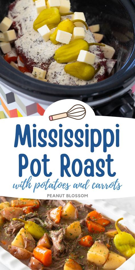 Mississippi Pot Roast with Potatoes and Carrots Beef Tips Potatoes And Carrots, Gluten Free Dairy Free Mississippi Pot Roast, Crockpot Pot Roast With Pepperoncini, Gf Mississippi Pot Roast, Mississippi Pot Roast With Potatoes And Carrots Crockpot Easy, Roast With Coke Crockpot, Roast With Banana Peppers Crockpot, Mississippi Pot Roast With Noodles, Mississippi Pot Roast Soup