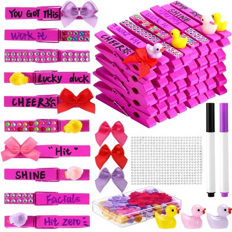 PRICES MAY VARY. Complete DIY Set: our cheerleading clothespins set comes with 60 wooden clothespins, 30 mini resin ducks, 30 mini bows, glue, diamond stickers, and pens; This allows you to create personalized cheer clips, giving cheerleaders an unforgettable gift and adding a unique touch to their accessories Fun and Engaging DIY Activity: experience the joy of DIY with our clips; Decorate and customize your cheerleading pins using the included cartoon accessories and stickers; This fun and int Cheer Choreography Gifts, Cheer Pins For Backpacks, Cheer Clothes Pins, Cheerleading Clothespins, Cheer Pegs, Cheer Clothespins Ideas, Cheer Clips, Cheerleading Backpacks, Cheerleading Crafts