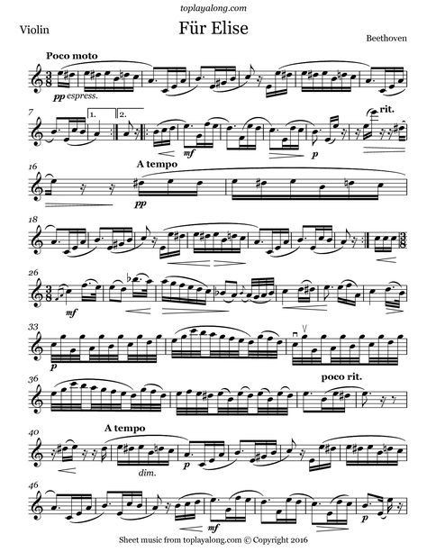 Für Elise by Beethoven. Free sheet music for violin. Visit toplayalong.com and get access to hundreds of scores for violin with backing tracks to playalong. Free Violin Sheet Music, Learn To Play Piano, Fiddle Music, Violin Practice, Fur Elise, Violin Songs, Clarinet Music, Clarinet Sheet Music, Orchestra Music