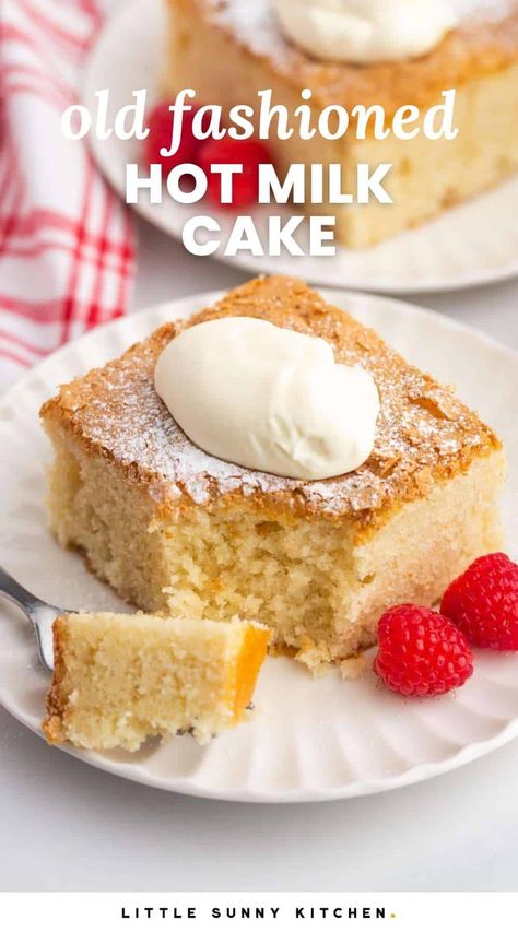 An old-fashioned recipe for the most tender and delicious Hot Milk Cake! It's just like grandma used to make, and melt-in-your-mouth amazing Scalded Milk Cake, Grandma Cake Recipes, Old Fashion Hot Milk Cake, Sweet Tea Cake, Baked Milk Recipes, Easy Hot Dessert Recipes, Dessert Recipes Using Milk, Hot Milk Recipes, Sweet Milk Recipe