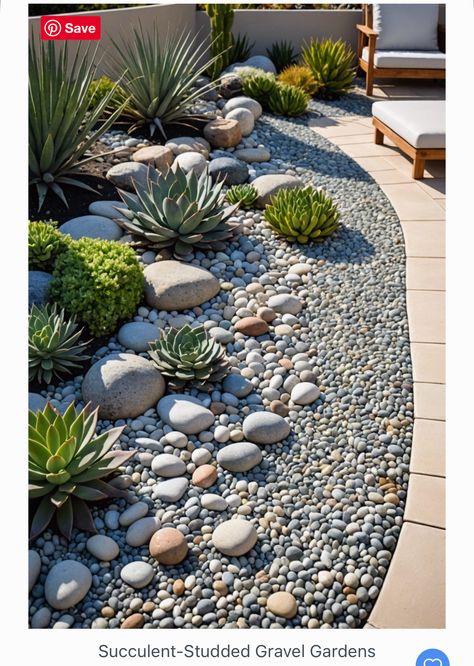 Landscape With Succulents, Front Yard Landscape Low Maintenance, Rock Garden Succulents, Arizona Rock Landscaping, Agave Front Yard Landscaping Ideas, Front Yard Landscaping Cactus, Front Garden Inspo Ideas, Succulent Gardens Ideas, Garden Succulents Ideas