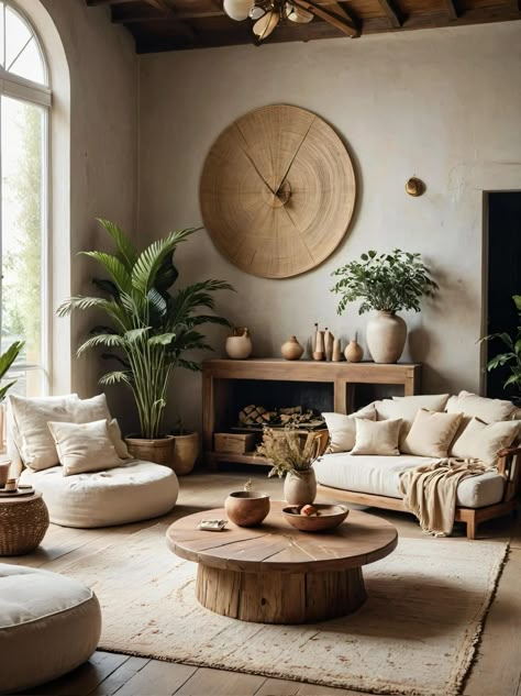 Modern Mediterranean Living Room, Peaceful Interior, Bali Style Home, Mediterranean Living Room, Earthy Living Room, Living Room Decor Neutral, Mediterranean Living, Modern Mediterranean, Rustic Wood Furniture