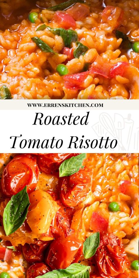 Use up your summer tomatoes with this recipe for Roasted Tomato Risotto. The perfect weeknight dish for the whole family. Tomato Risotto With Burrata, Roasted Vegetable Risotto, Cherry Tomato Risotto, Mediterranean Risotto Recipes, Recipes Using Roasted Tomatoes, Creamy Tomato Risotto, Roasted Tomatoes Recipe Dinners, Rissoto Recipes Vegetable, Rositto Recipes