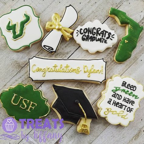 Tiffany Feldman on Instagram: “Graduation cookies #decoratedcookies #graduation #usf #florida #greenandgold” Usf Graduation Party, Graduation Party Green, Usf Graduation, Graduation Board, Med School Graduation, Graduation Boards, Graduation Party Ideas, Graduation Cookies, Sugar Cookie Designs