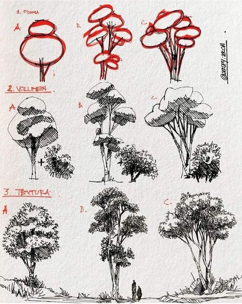 Scenery Drawing Tips, Ink Tree Illustration, Architectural Plants Drawing, Trees Drawing Architecture, Tree Hatching Drawing, How To Draw Scenery Landscapes, Landscape Drawing Tips, Bush Drawing Pencil, Architecture Tree Sketch