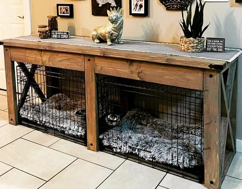 Dog Kennel Furniture For 3 Dogs, Dog Crate In Dining Room, Dog Kennel Entry Table, Pallet Dog Cage Diy, Dog Crate Buffet Table, Diy Dog Crate End Table Plans, Dog Crate Coffee Bar, Hidden Kennel Ideas, Where To Put Dog Kennel In House