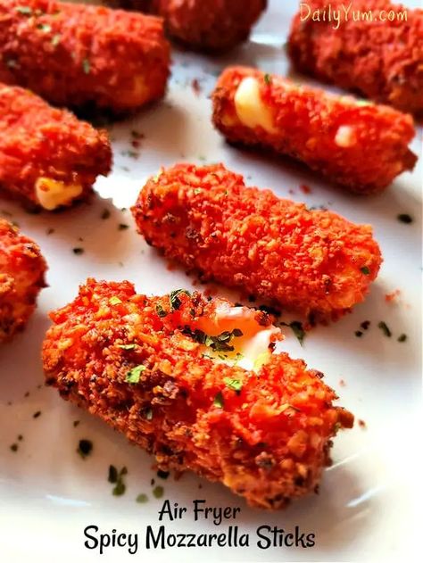 Air Fryer Spicy Mozzarella Sticks (Doritos or Takis) - Daily Yum Easy Restaurant Appetizers, Pickle Stuffed With Takis, Takis Cheese Stick, Spicy Snacks Recipes Healthy, Spicy Mozzarella Sticks, Motzerella Sticks Easy Recipes, Hot Cheeto Mozzarella Sticks Air Fryer, Healthy Takis Recipe, Recipes With Takis