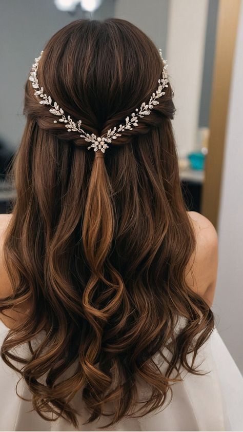 Bridesmaids Hairstyles Long Hair, Straight Hair Wedding Styles Brides, Wedding Day Hair Half Up Half Down, Hair Styles Straight Hair Medium, Easy Bridal Hairstyles For Long Hair, Bride Straight Hair, Hairstyles For Straight Hair For Wedding, Bridesmaid Hairstyles Straight Hair, Straight Hairstyles Wedding