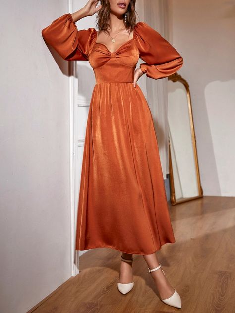 Sweetheart Neck Lantern Sleeve Satin Dress | SHEIN USA Satin Dress With Sleeves, Orange Dress Outfits, Rust Orange Dress, Orange Formal Dresses, Orange Dress Wedding, Orange Long Sleeve Dress, Burnt Orange Bridesmaid Dresses, Long Sleeve Satin Dress, Orange Bridesmaid