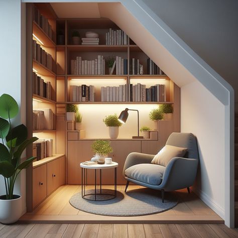 Neglected Nooks: Creative Solutions for Tricky 'Dead Spaces' in Your Home — Michael Helwig Interiors Slanted Ceiling Nook, Secret Library Room Bookcase Door, Reading Nook For Adults Cozy Corner, Library In Office Space, Corner Book Shelf Ideas Aesthetic, Hidden Library In House, Creative Corner Ideas, Bedroom With Library, Small Landing Ideas Upstairs