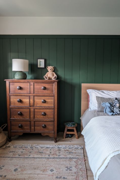 A complete transformation of a boys bedroom. Vertical shiplap panelling added to the walls and painted in Farrow and Ball Beverly Forest Green Panelling, Green Beadboard Bedroom, Farrow And Ball Beverly, Vertical Shiplap Bedroom, Wood Paneling Bedroom, Vertical Wall Paneling, Beadboard Bedroom, Bedroom Panelling, Shiplap Bedroom