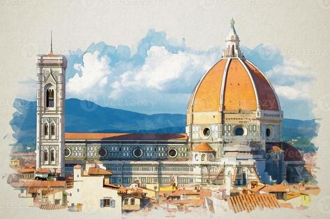 Santa Maria Del Fiore Drawing, Florence Drawing, Florence Sketch, Florence Cathedral Drawing, Florence Painting, Florence Watercolor, Florence Map, Italy Sketches, Florence Cathedral Sketch