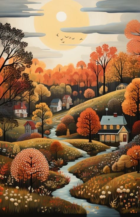 Wallpapers For Fall, Autumn Wallpapers, Autumn Phone Wallpaper, Whimsical Art Paintings, Naive Illustration, Colors Of Autumn, Autumn Illustration, Wallpapers For Desktop, Wallpaper Halloween