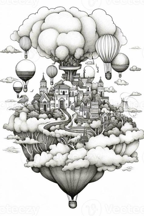 a drawing of a castle in the clouds with balloons flying above. generative ai. Drawing Of A Castle, Castle In The Clouds, Castle Drawing, Cloud Painting, A Castle, In The Clouds, Environment Design, A Drawing, Colouring Pages