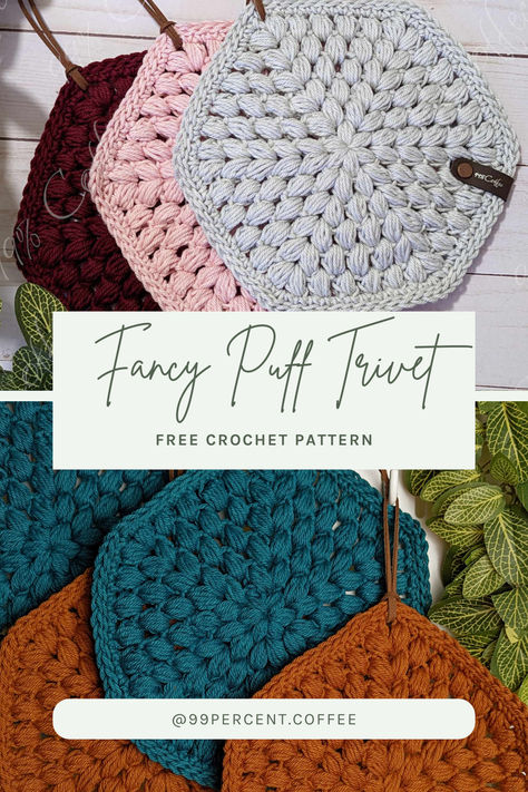 Looking for a quick and easy crochet project? Whip up this adorable Fancy Puff Trivet! This free pattern uses simple puff stitches to create a textured trivet that's perfect for protecting your surfaces from hot dishes. #crochetkitchen #diykitchendecor Knit Trivet Pattern, Knit Trivet Pattern Free, Free Crochet Trivet Patterns, Hot Pad Crochet Pattern Free, Trivets Crochet, Crochet Hot Pads Free Pattern, Crochet Trivet Free Pattern, Crochet Trivet Pattern, Crochet Trivets