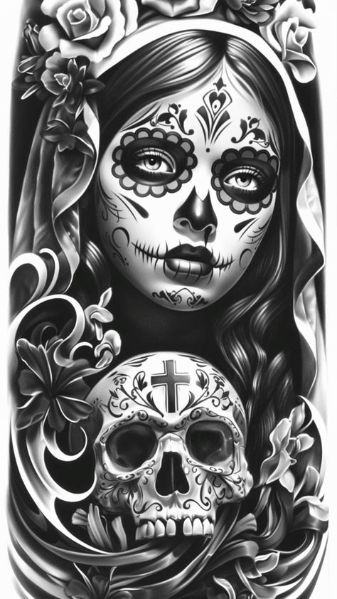 Tattoo Mexican Culture, Day Of The Dead Skull Design, Santisima Muerte Tattoo, Day Of The Dead Drawings, Dia De Los Muertos Tattoo Ideas, Chicano Tattoo Design Ideas, Day Of The Dead Tattoo Designs, Sugar Skull Tattoo Design, Day Of The Dead Skull Tattoo