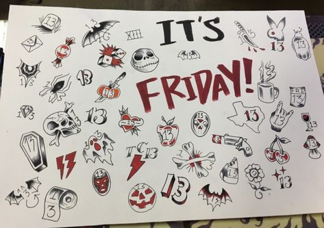 Friday The Thirteenth Tattoo Flash, Small Horror Movie Tattoos Simple, Small Friday The 13th Tattoos, Friday The 13th Tattoo Flash Sheet, Friday The Thirteenth Tattoo, Friday The 13th Flash Sheet, Friday 13th Tattoo Flash, 13th Tattoo Ideas, Friday The 13th Tattoo Ideas